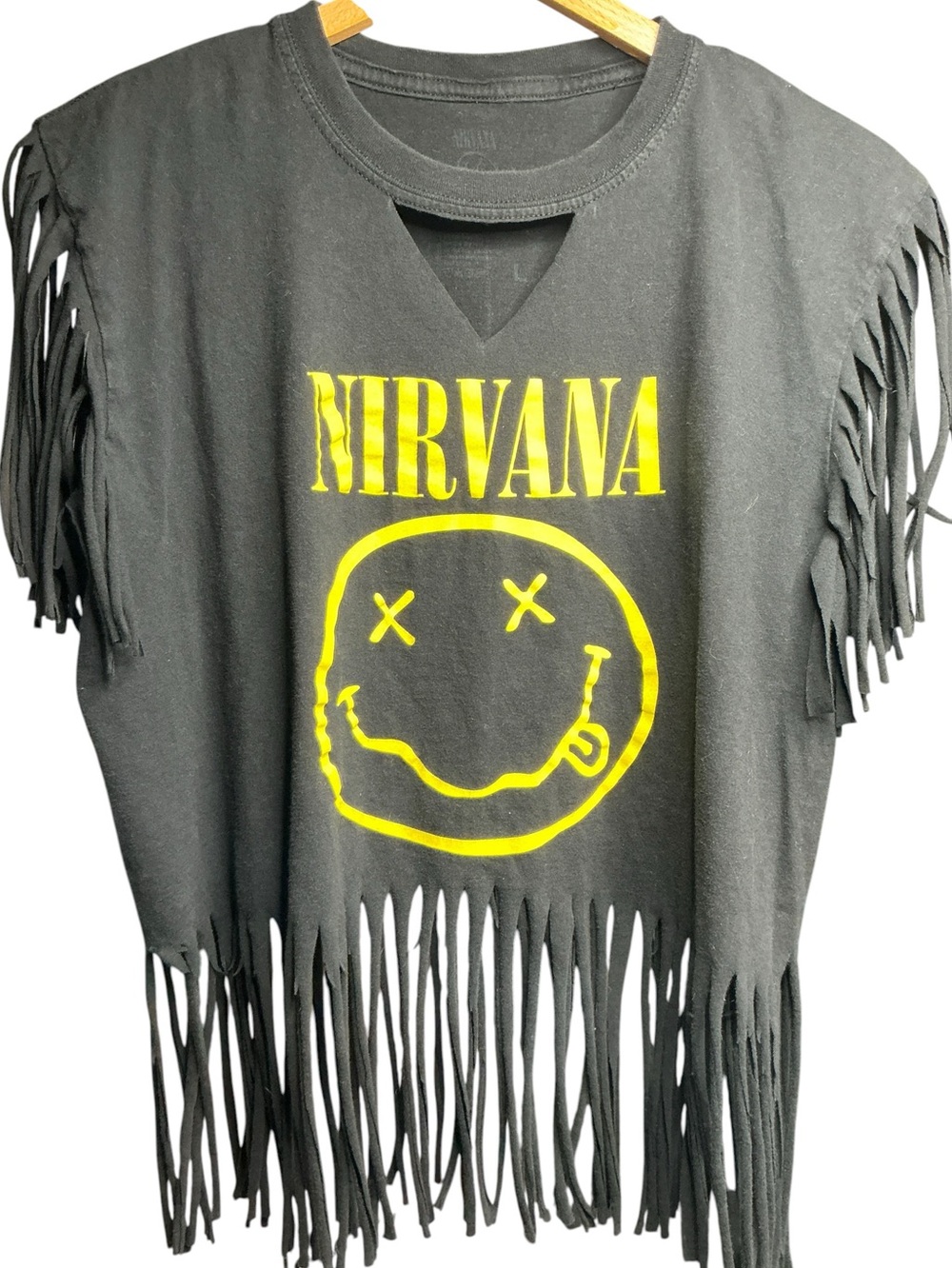 NIRVANA Upcycled Black Logo Graphic Band Tee Shirt Fringe.